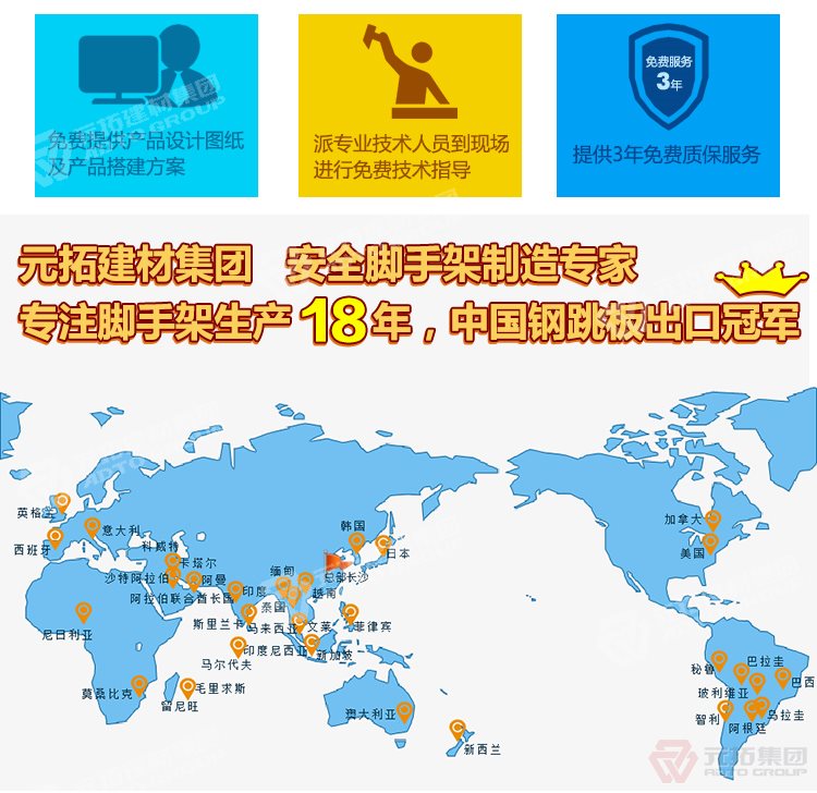 元拓建材集團(tuán)，安全腳手架制造專家！專注腳手架生產(chǎn)18年，中國鋼跳板出口冠軍！